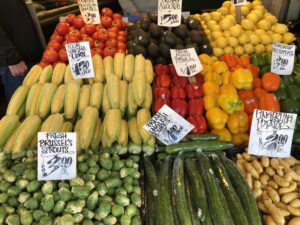 Various types of colorful farm fresh produce at a Farmers Market